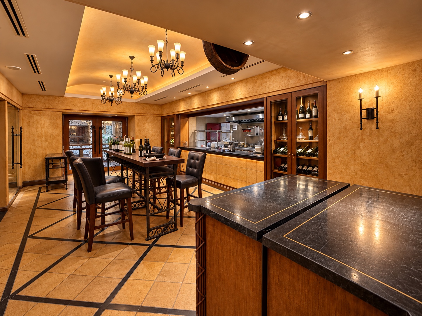 La Parrilla’s bar area with chandeliers and a wine cabinet