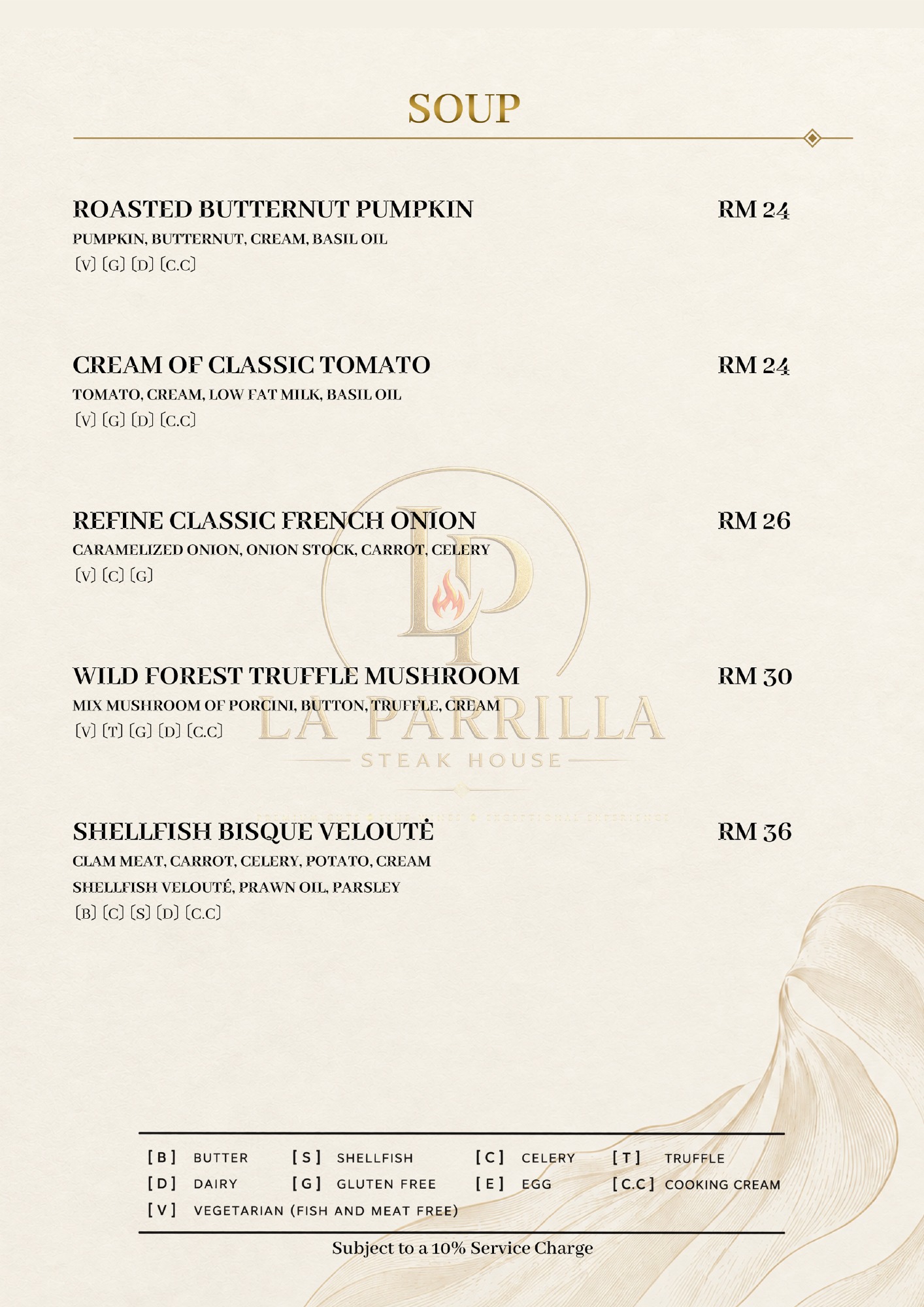 Soups — original restaurant menu page with prices