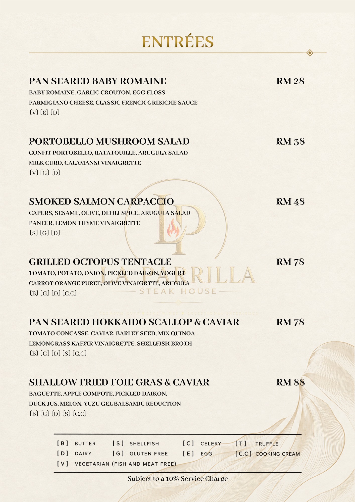 Entrées — original restaurant menu page with prices