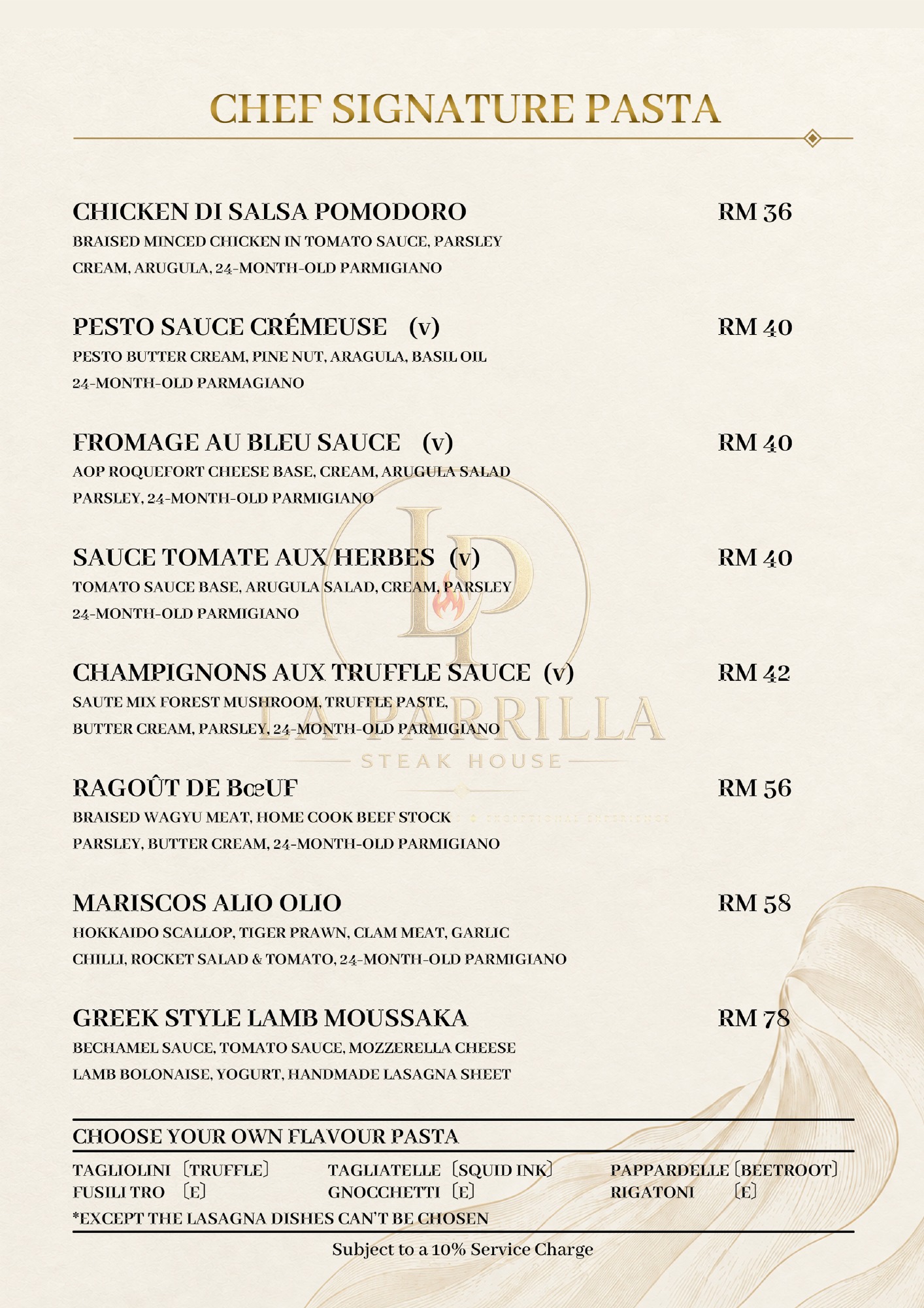 Chef Signature Pasta — original restaurant menu page with prices