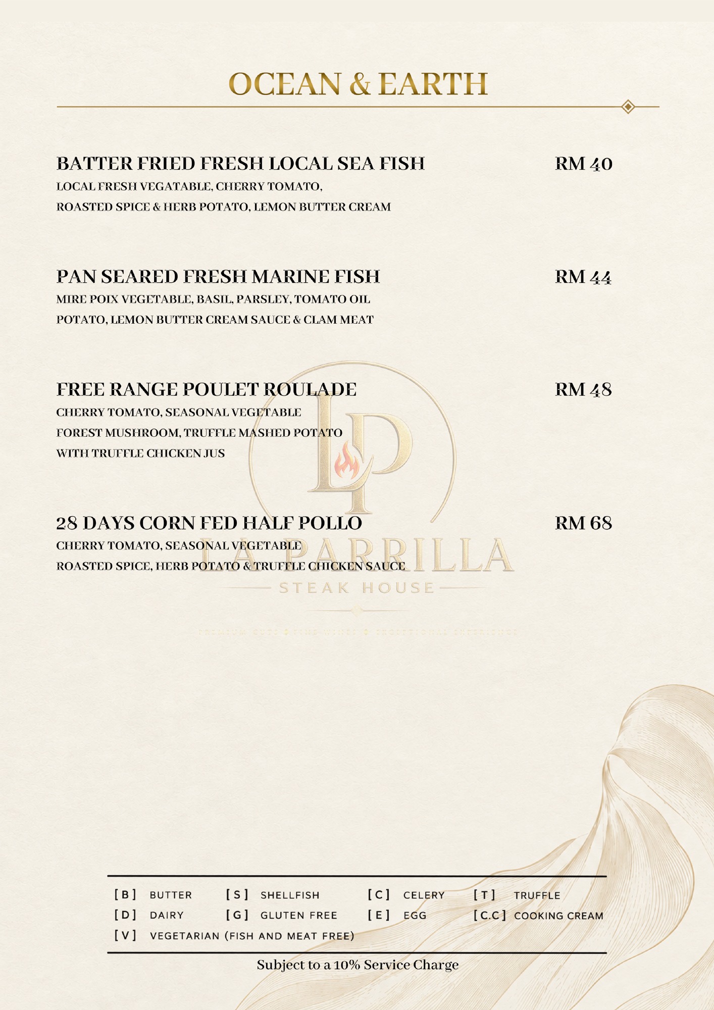 Ocean & Earth - Fish & Chicken — original restaurant menu page with prices