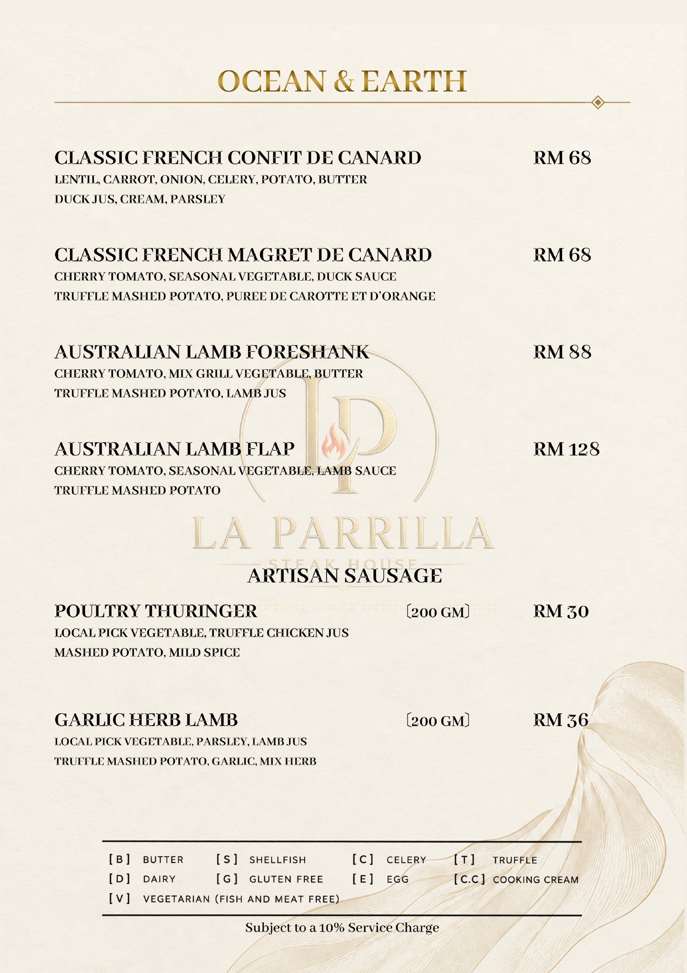 Ocean & Earth - Duck, Lamb & Artisan Sausages — original restaurant menu page with prices