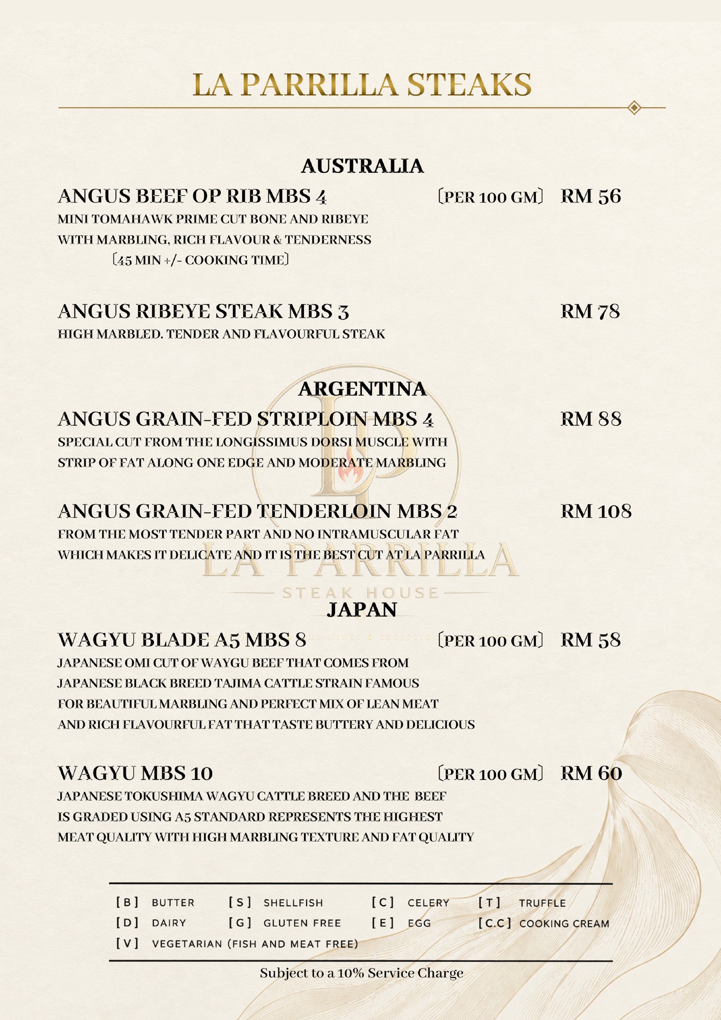 La Parrilla Steaks — original restaurant menu page with prices