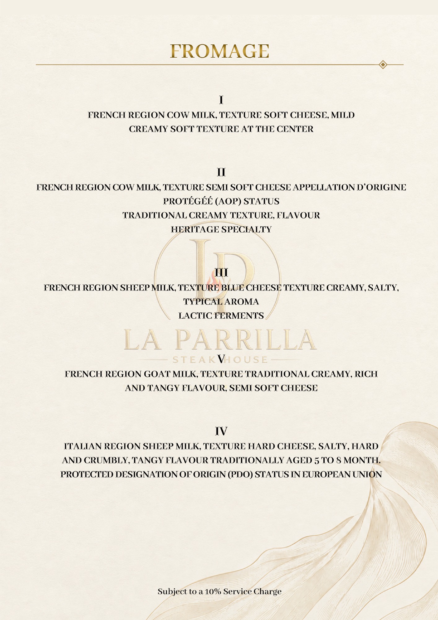 Cheese Selection — original restaurant menu page with prices
