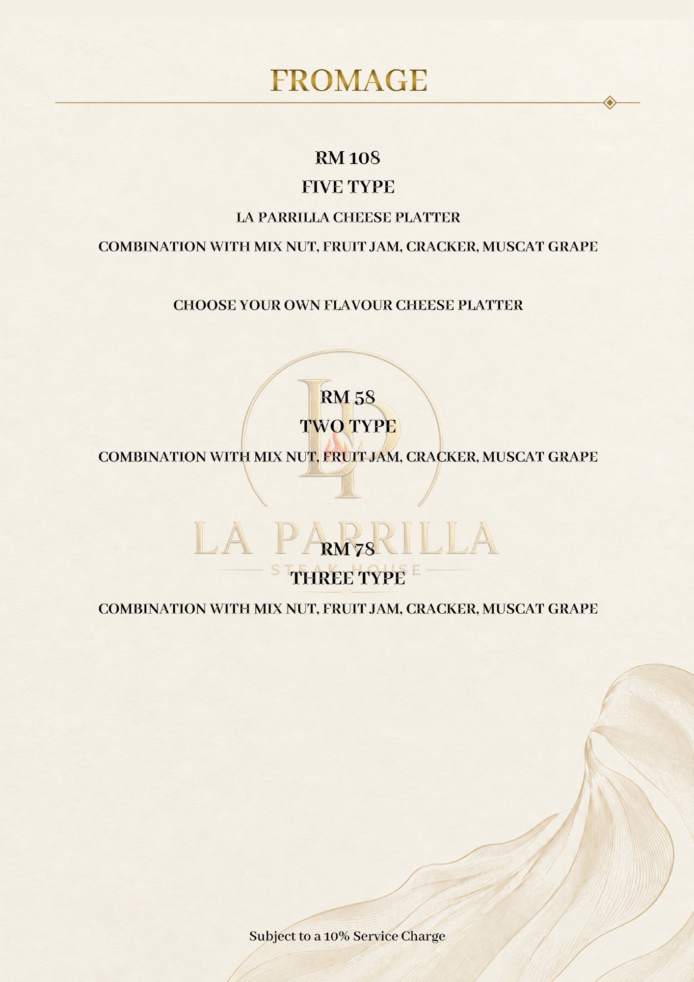 Cheese Platters — original restaurant menu page with prices