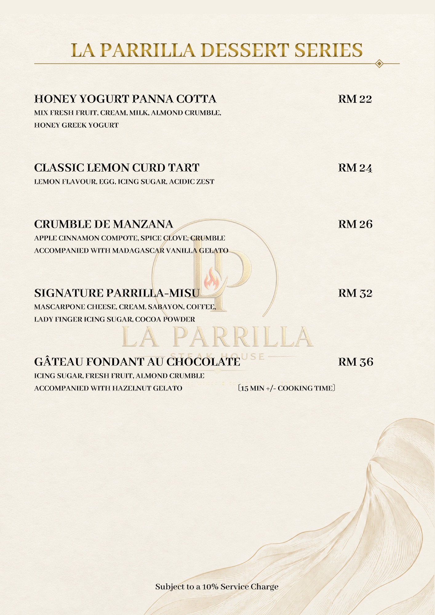 Desserts — original restaurant menu page with prices