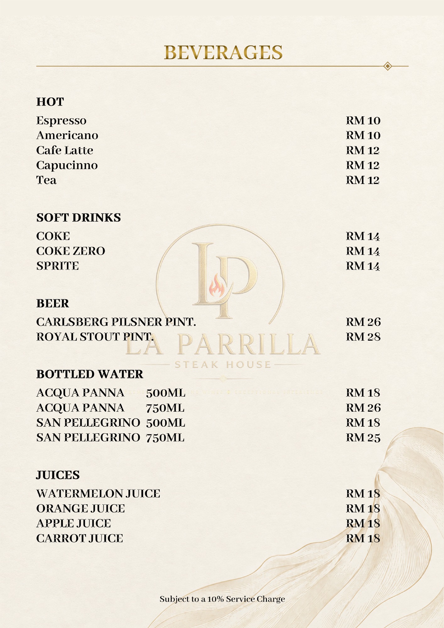 Beverages — original restaurant menu page with prices