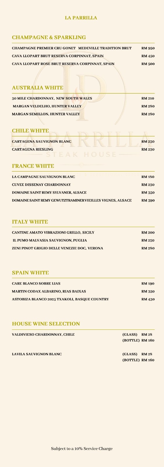 White Wines, Sparkling & House Wines — original restaurant menu page with prices