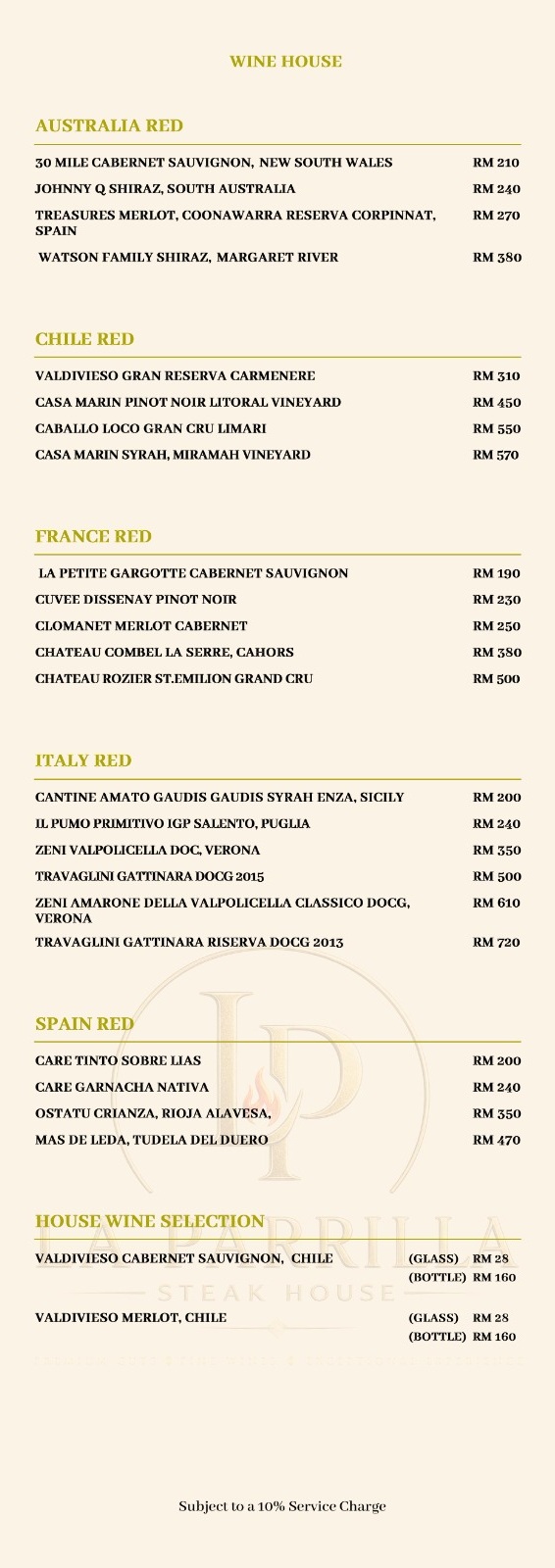 Red Wines & House Wines — original restaurant menu page with prices